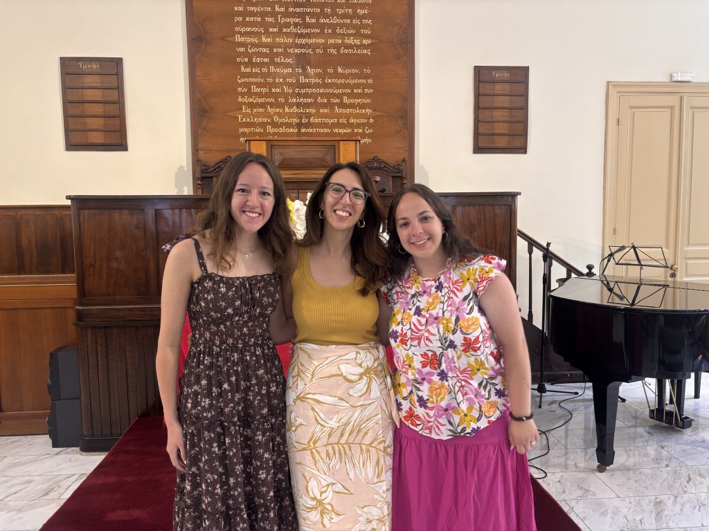 Courtney (left) and Sarah (right) with Eve, the staff member who guided them throughout the month.