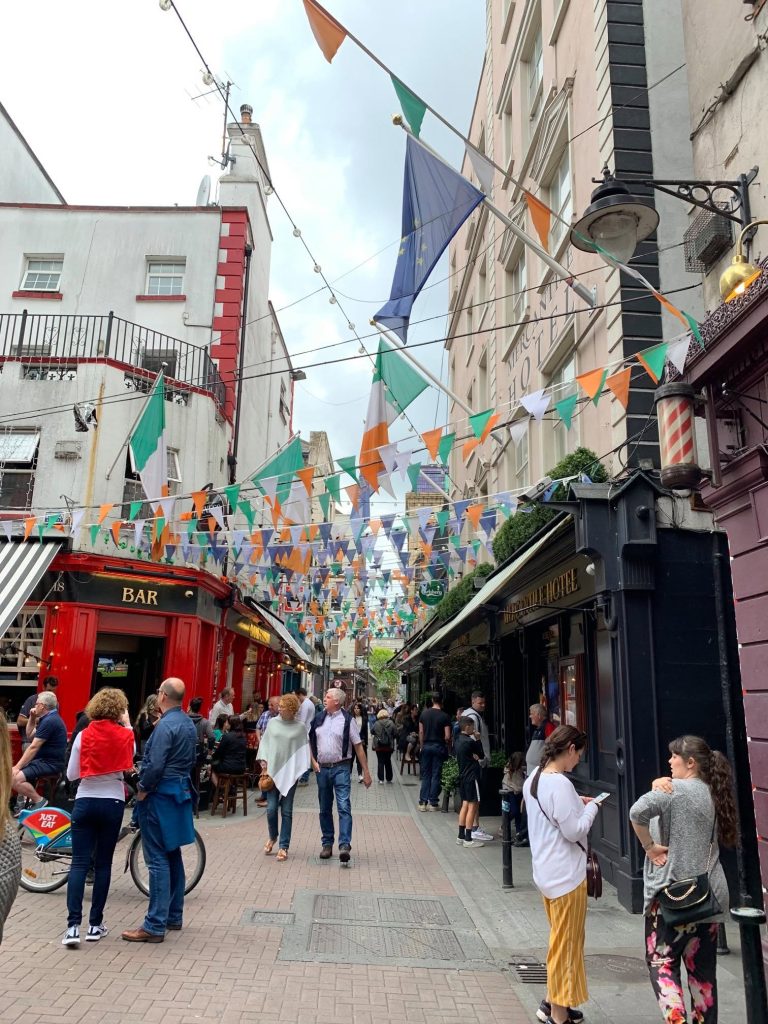 A street in Dublin strung with Irish flags